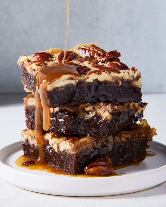 brownies with a pecan pie topping and caramel drizzle