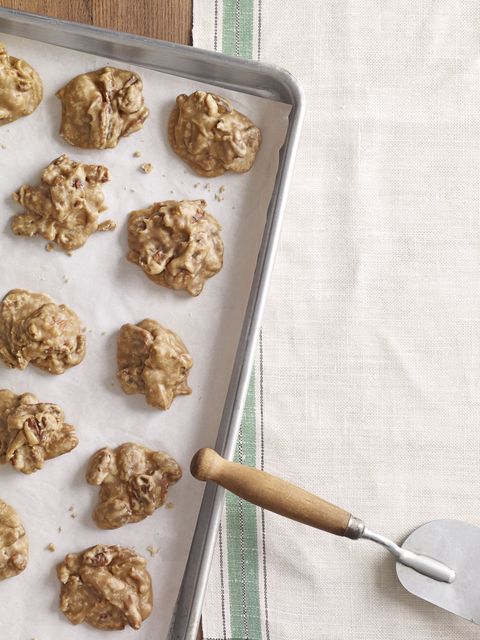 pecan pralines cookie batter on a baking sheet lined with parchment paper