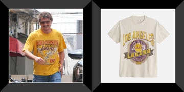 pedro pascal wearing a vintage los angeles lakers tshirt