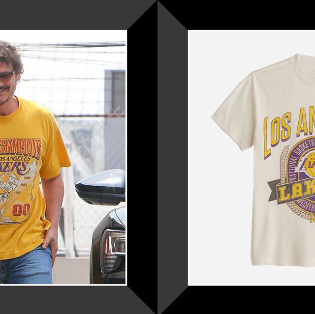 Pedro Pascal dashes down sidewalk in vintage Lakers T-shirt
