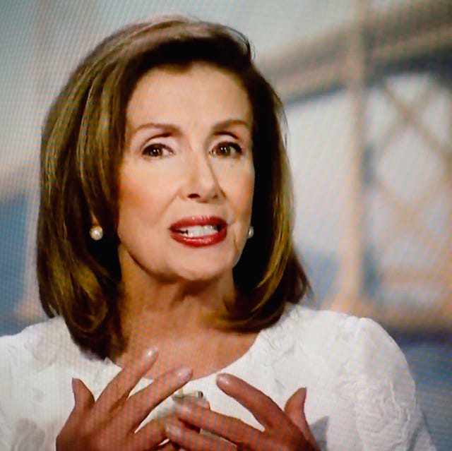 speaker of the us house of representatives nancy pelosi addresses the virtual 2020 democratic national convention, livestreamed online and viewed on a laptop screen from london, england, on august 20, 2020 the four day event is taking place almost wholly remotely in response to the coronavirus pandemic the convention last night saw former us vice president joe biden formally nominated to lead the democrats challenge against president donald trump and the republican party this autumn the us presidential election is to take place on november 3 photo by david cliffnurphoto via getty images