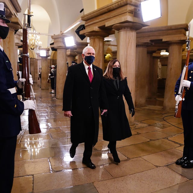 washington, dc   january 20 us vice president mike pence l and second lady karen pence r arrive in the crypt of the us capitol for president elect joe biden's inauguration ceremony to be the 46th president of the united states on january 20, 2021 in washington, dc  during today's inauguration ceremony joe biden becomes the 46th president of the united states photo by jim lo scalzo poolgetty images