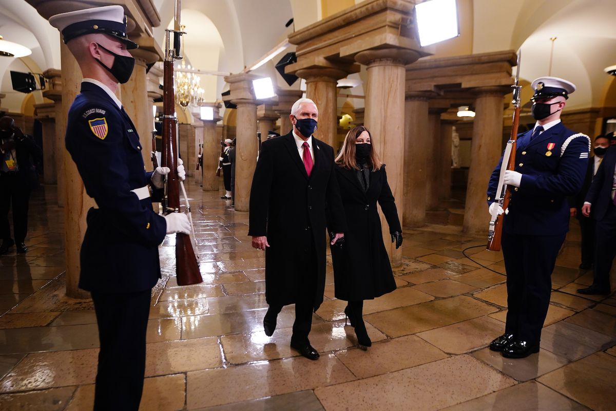 washington, dc   january 20 us vice president mike pence l and second lady karen pence r arrive in the crypt of the us capitol for president elect joe biden's inauguration ceremony to be the 46th president of the united states on january 20, 2021 in washington, dc  during today's inauguration ceremony joe biden becomes the 46th president of the united states photo by jim lo scalzo poolgetty images