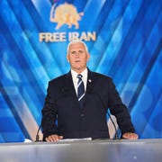 Vice President Mike Pence speaks at a meeting in Ashraf 3, manez, albania 20220623 vice president mike pence speaks at a meeting in ashraf 3, home to thousands of members of the principal iranian opposition movement, the mujahedin e khalq pmoimek views were exchanged on the objective conditions in iranian society, the ncri alternative and the international community’s approach to religious fascism ruling iran photo by siavosh hosseinisopa imageslightrocket via getty images