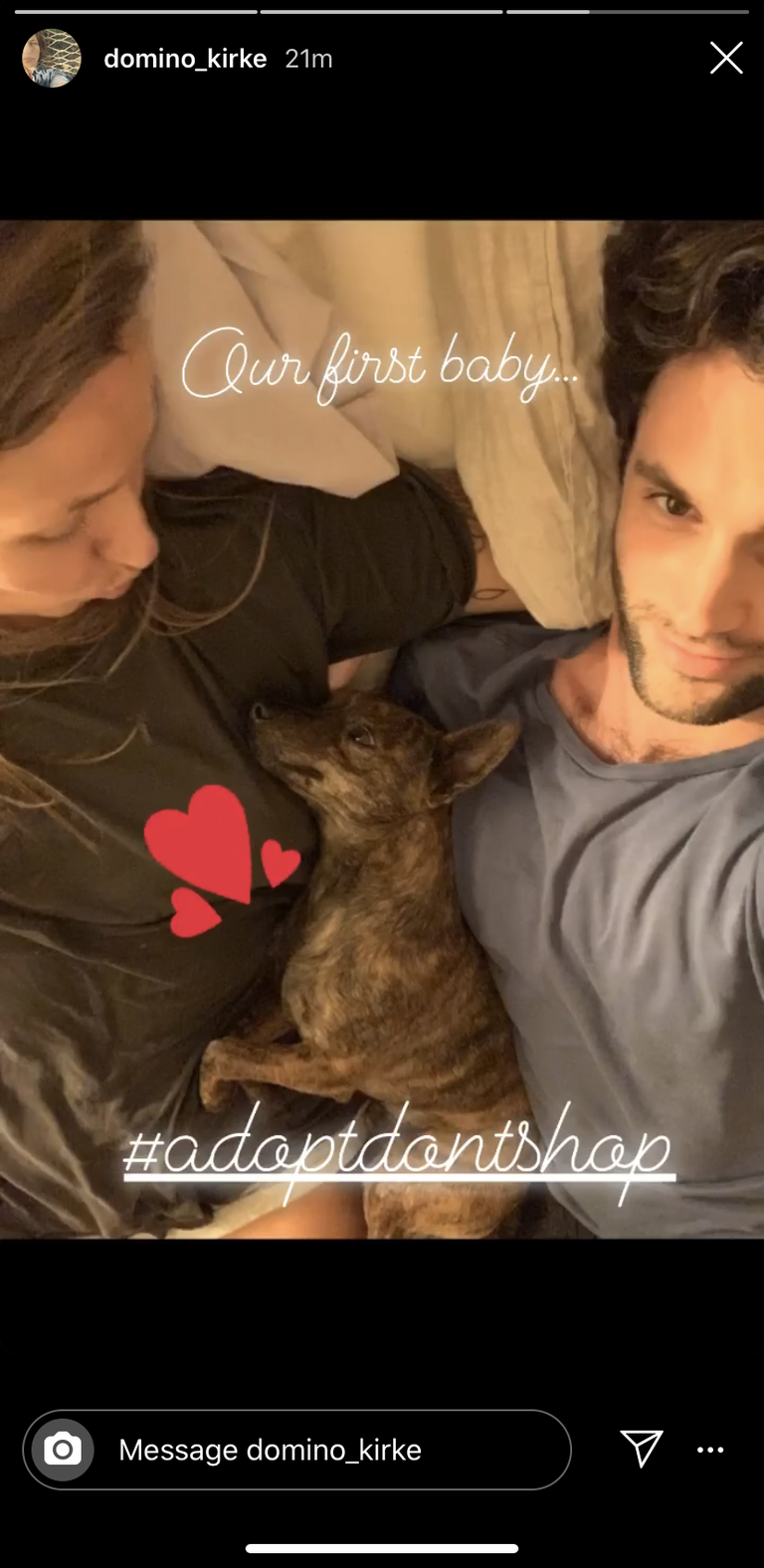 Domino Kirke en Penn Badgley poseren op Instagram met hun hond