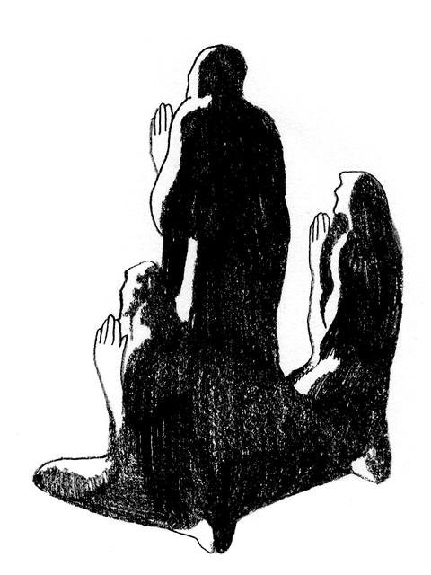 a silhouette of a man and woman praying, illustrations by lia kantrowitz