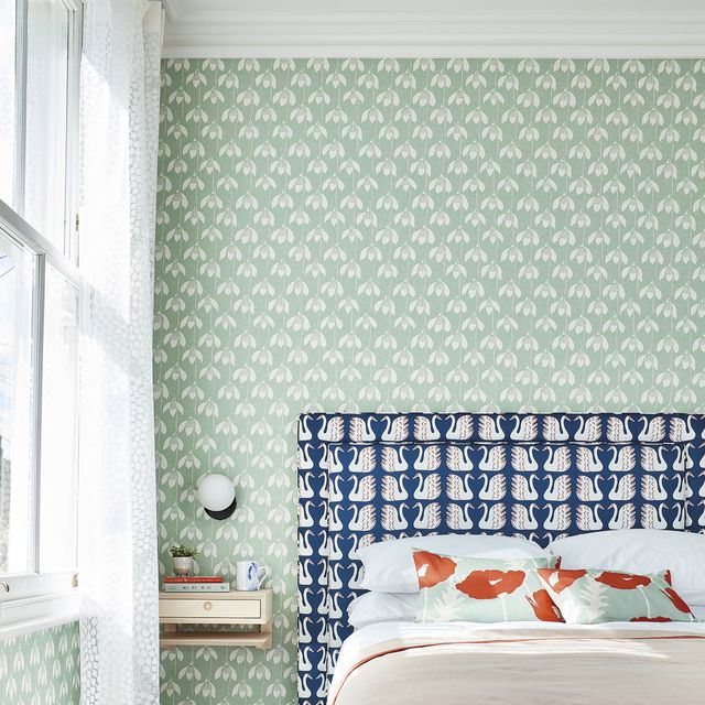 40 dormitorios con papel pintado en la pared del cabecero