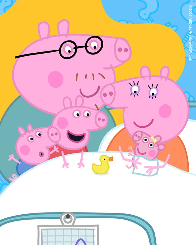 the pig family from peppa pig gathers as a family of five