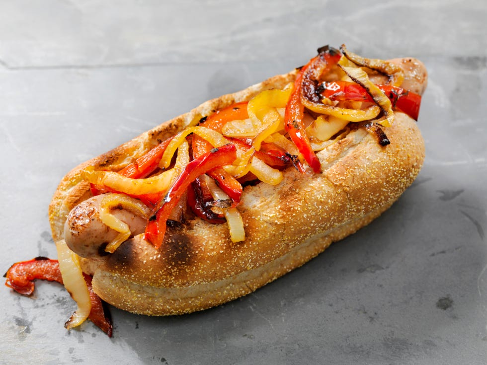 pepper and onions bratwurst dog