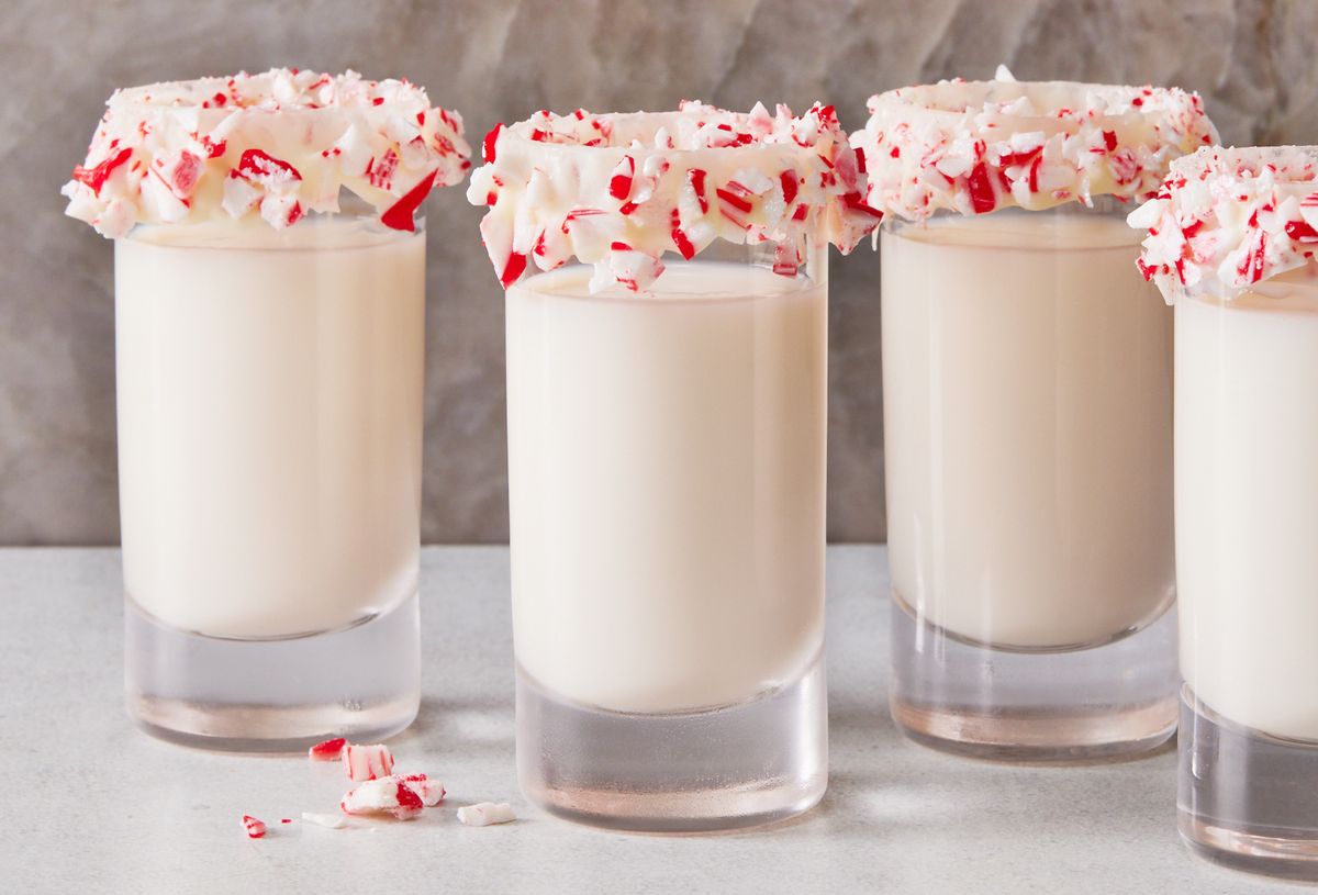peppermint bark shots with a peppermint candy rim