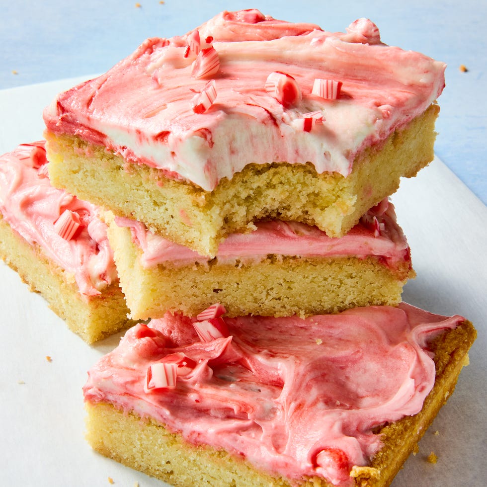 cookie bars topped with pink ice and peppermint candy pieces