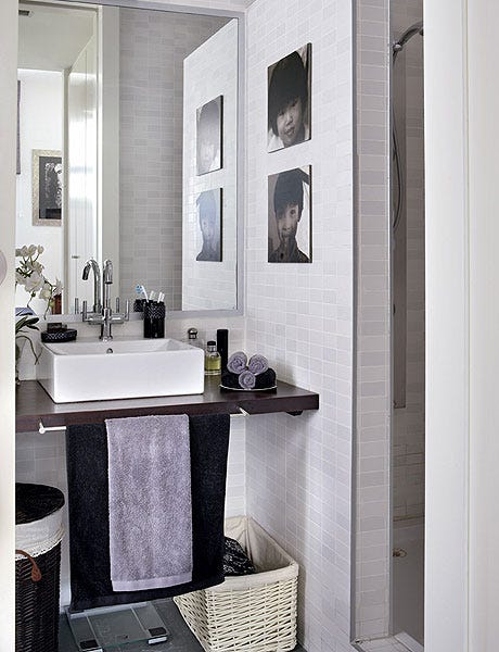 Room, Bathroom, Bathroom cabinet, Property, Furniture, Interior design, Sink, Bathroom accessory, Floor, Black-and-white, 