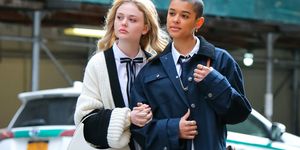 new york, ny   march 15 emily alyn lind and jordan alexander are seen at the film set of the gossip girl tv series on march 15, 2021 in new york city  photo by jose perezbauer griffingc images