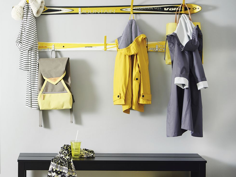 Clothes hanger, Yellow, Clothing, Room, Shelf, Furniture, Boutique, Closet, Wardrobe, Fashion, 