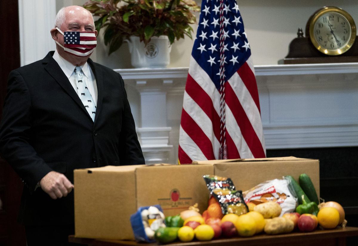 nytvirus  agriculture secretary sonny perdue wears a mask as he waits for president donald trump to deliver remarks on supporting our nation’s farmers, ranchers, and food supply chain in the roosevelt room of the white house, tuesday, may 19, 2020   photo by doug millsthe new york times