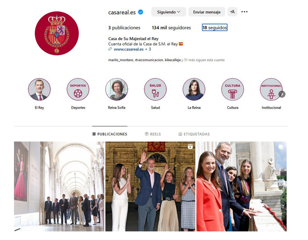 pagina de inicio del perfil de instagram de casa real