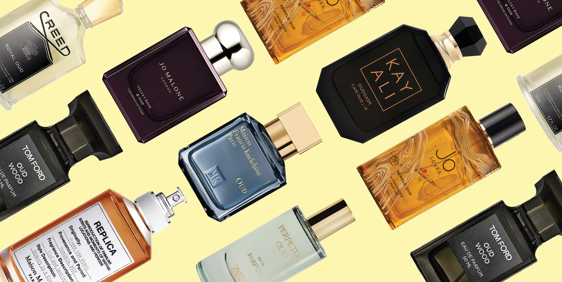Coleção de fragrâncias com várias garrafas de perfume