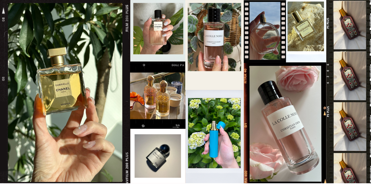a collage of different bottles of perfume