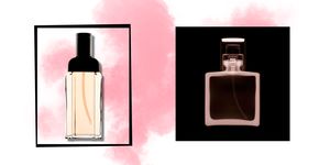 Perfume, Glass bottle, Product, Bottle, Cosmetics, Liquid, Fluid, Spray, Beige, 