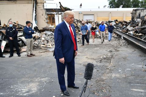 us president donald trump speaks to the press as he tours an area affected by civil unrest in kenosha, wisconsin on september 1, 2020   trump visited kenosha, the city at the center of a raging us debate over racism, despite pleas to stay away and claims he is dangerously fanning tensions as a reelection ploy photo by mandel ngan  afp photo by mandel nganafp via getty images