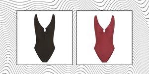 split image shows black swimsuit and red swimsuit