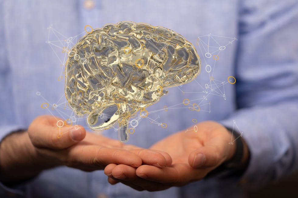 person presenting a 3d render of human brain iq testing and artificial intelligence concept