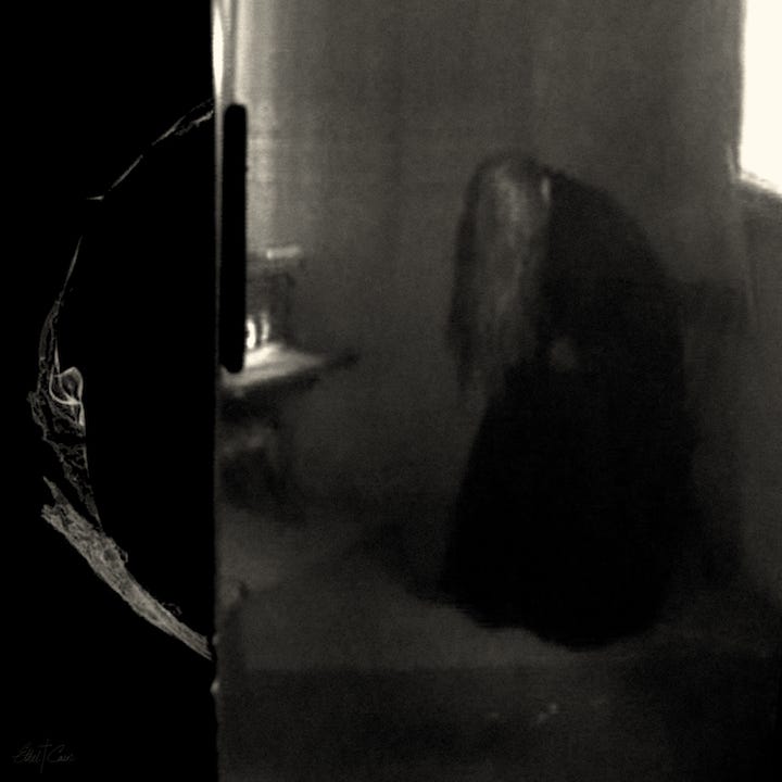 a dark atmospheric scene featuring a ghostly figure in a shadowy interior