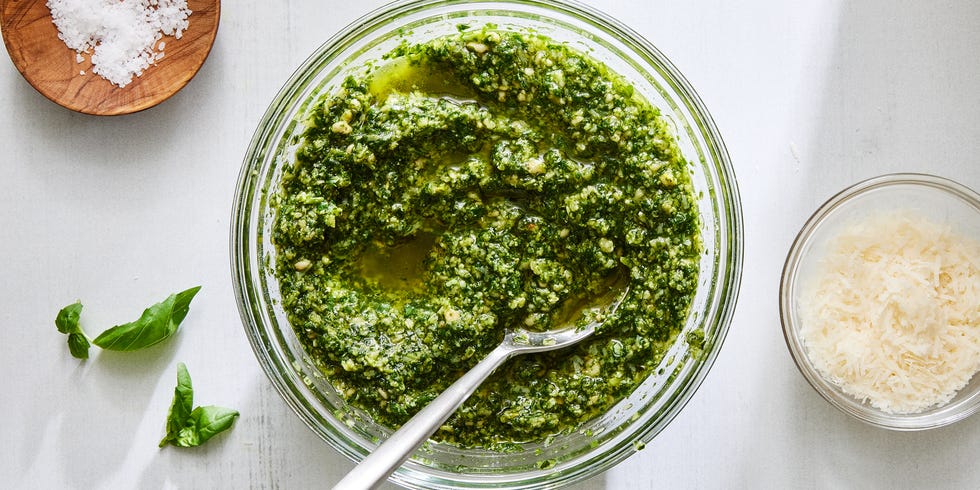 basic pesto with flaky salt, parmesan, and basil
