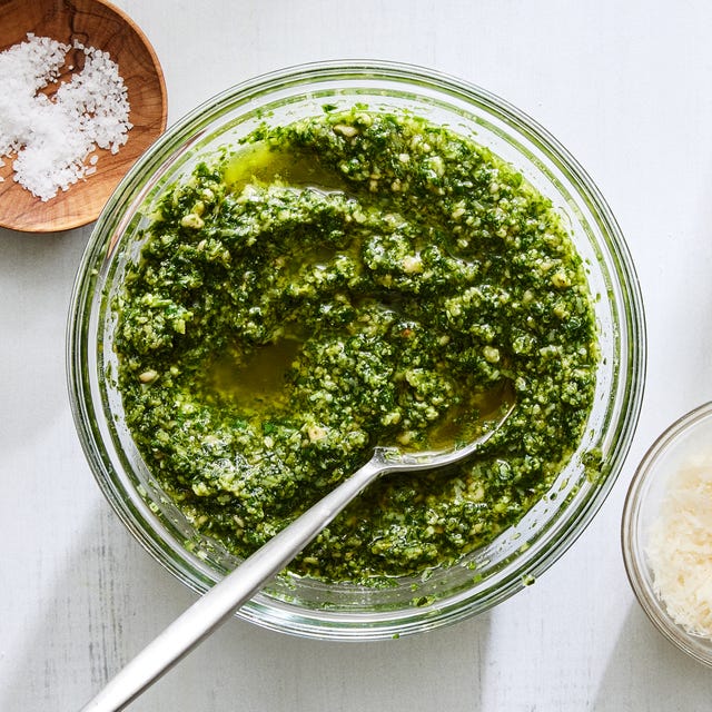 basic pesto with flaky salt, parmesan, and basil