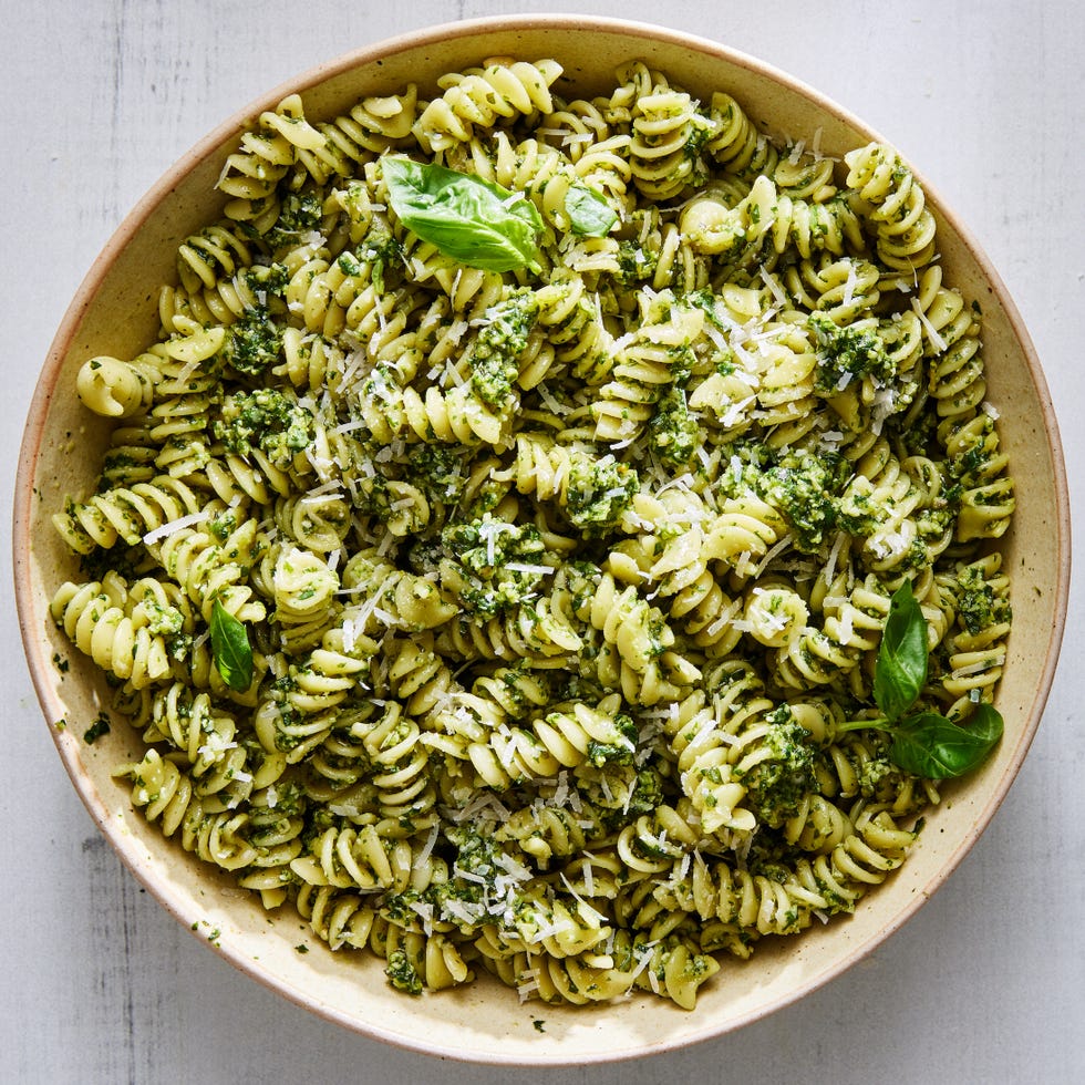 basic pesto with flaky salt, parmesan, and basil