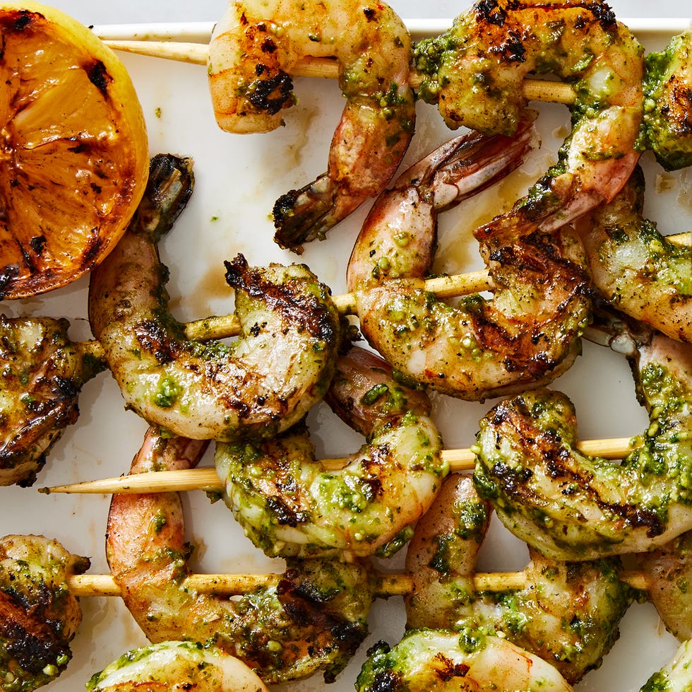 shrimp skewers with pesto