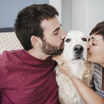 a man and a woman kissing a dog