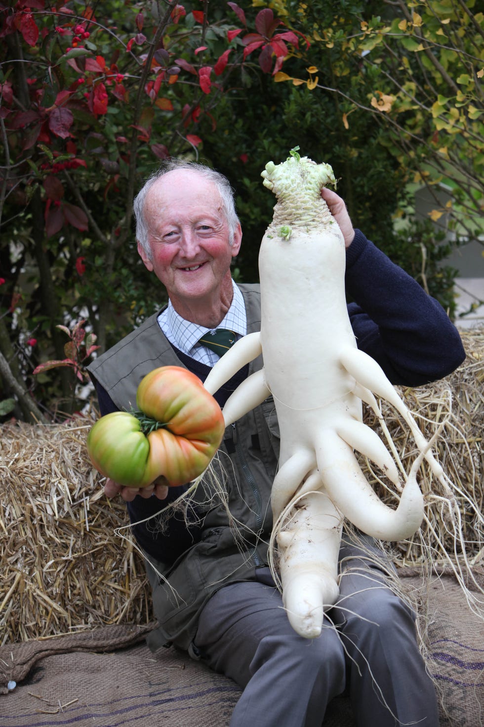 Peter Glazebrook with a giant tomato and giant radish at Malvern Autumn Show