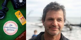 cover of peter orner’s novel the gossip columnist’s daughter, featuring a matchbook and typewriter on a green background. author peter orner photographed outdoors with ocean in background.