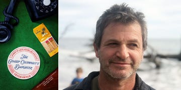 cover of peter orner’s novel the gossip columnist’s daughter, featuring a matchbook and typewriter on a green background. author peter orner photographed outdoors with ocean in background.