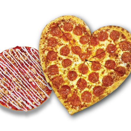 heart shaped pizza and dessert