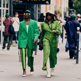 tyler joe paris fashion week street style green outfits loewe baseball caps blazer coat shiny pants