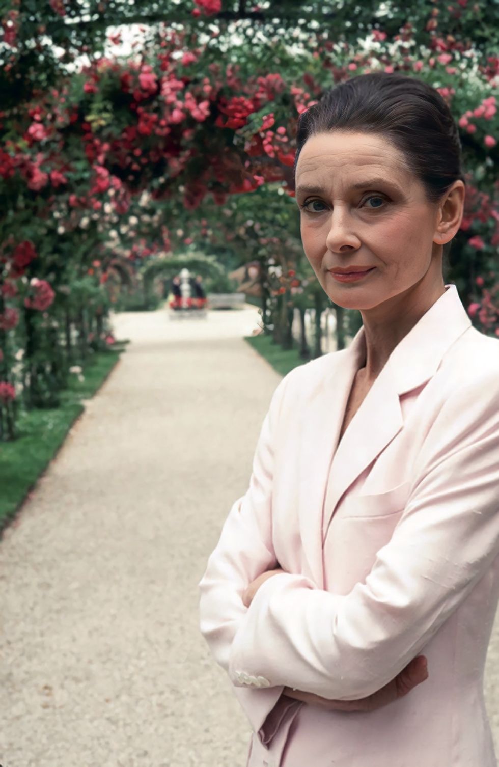 audrey at the french rose garden, la roseraie de l hay, for gardens of the world with audrey hepburn
