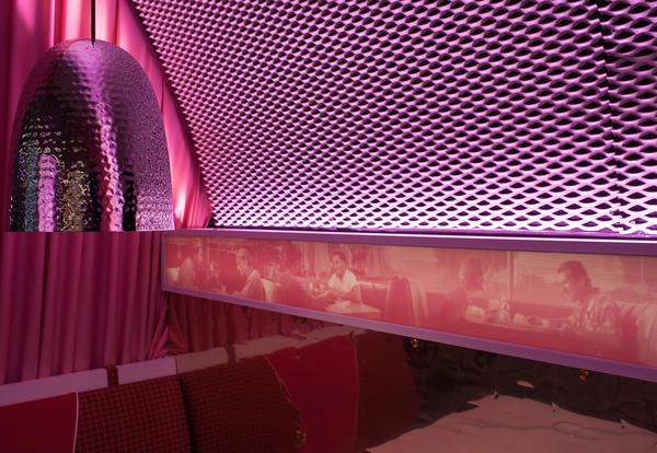 Pink, Red, Light, Purple, Magenta, Wall, Architecture, Interior design, Material property, Textile, 