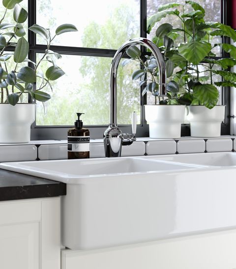 Tap, White, Countertop, Sink, Kitchen, Room, Interior design, Tile, Material property, Home, 