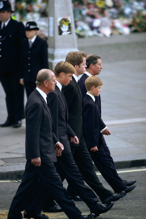 royal family walking behind diana's casket