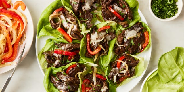 philly cheesesteak with cheese and peppers in lettuce wraps