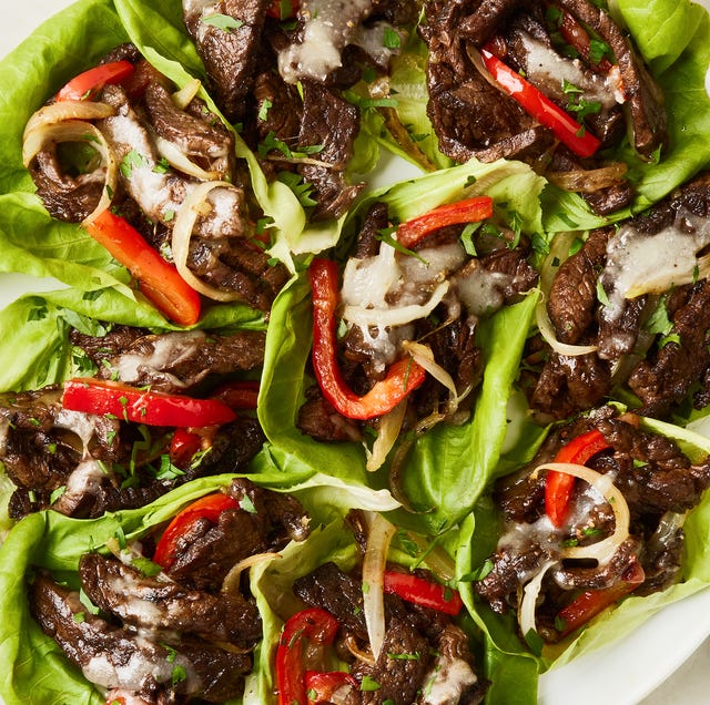 Philly Cheesesteak Lettuce Wraps philly cheesesteak with cheese and peppers in lettuce wraps