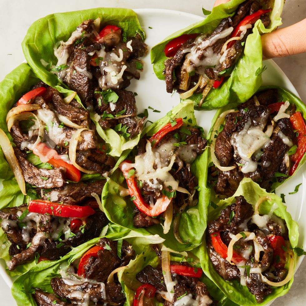 philly cheesesteak with cheese and peppers in lettuce wraps