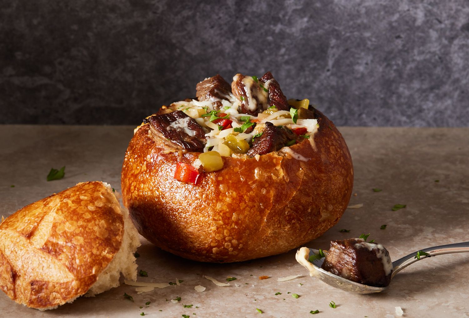 Philly Cheese Steak Soup Served in a Bread Bowl - Easy 30 Minute Meal