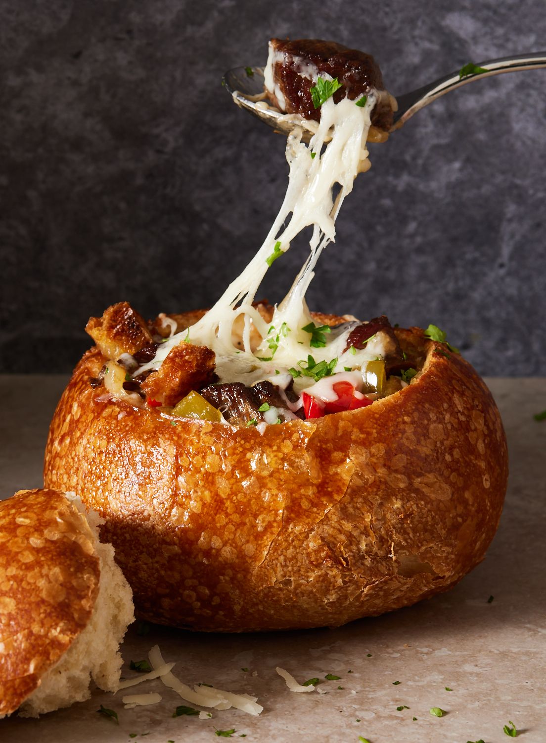 Philly Cheese Steak Soup Served in a Bread Bowl - Easy 30 Minute Meal