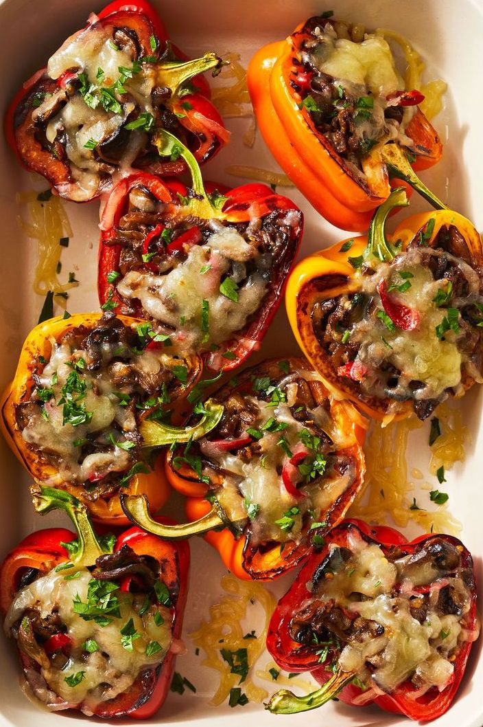philly cheesesteak stuffed peppers in a baking dish