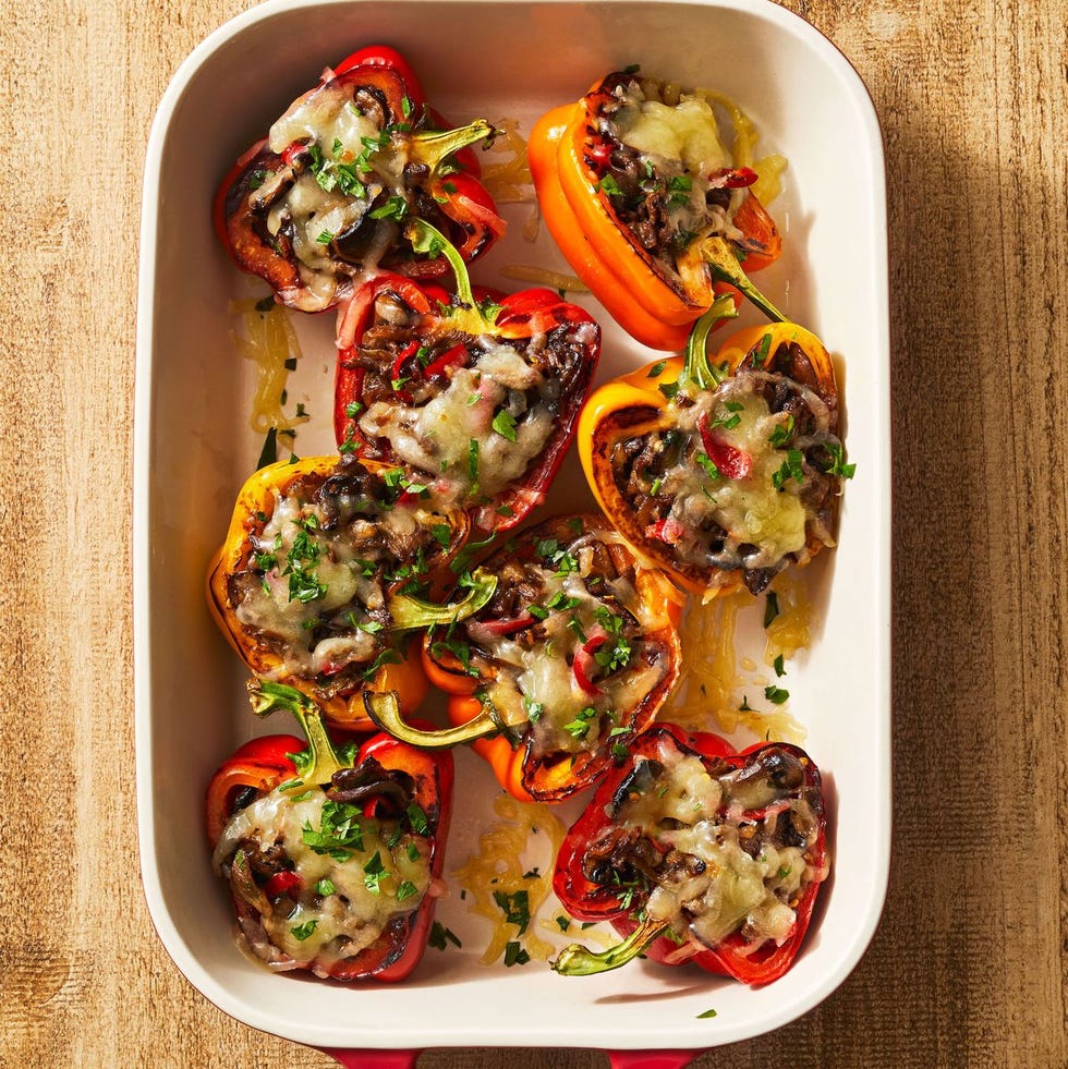 philly cheesesteak stuffed peppers in a baking dish