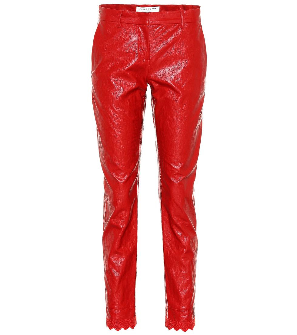 Clothing, Red, Jeans, Leather, Trousers, Pocket, Outerwear, Latex clothing, Denim, Textile, 