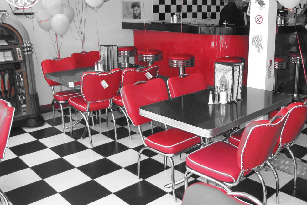 Red, Furniture, Table, Room, Interior design, Black-and-white, Chair, Floor, Flooring, Restaurant, 